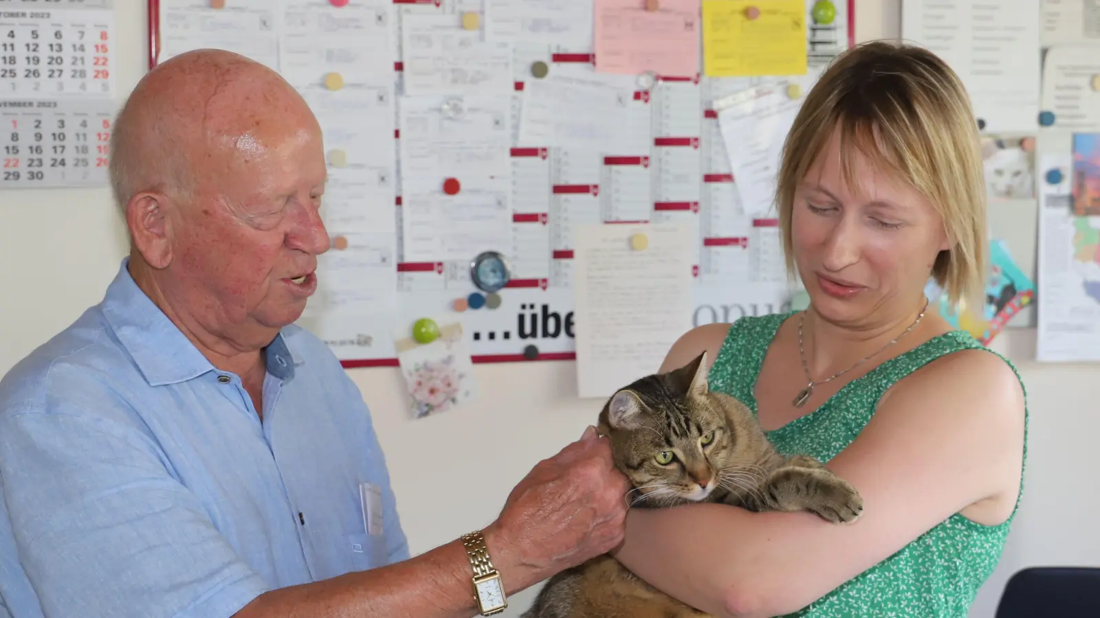 Der Vorsitzende des Tierschutzvereins Ansbach und Umgebung, Günter Pfisterer, und die Schatzmeisterin Eva Lindner kümmern sich im Tierheim um einen Pensionskater. (Archivfoto: Oliver Herbst)