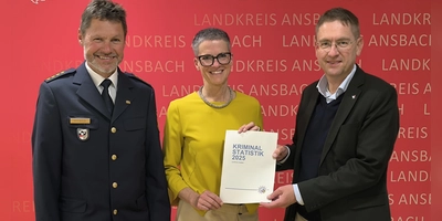Der Leiter der Polizeiinspektion Ansbach, Dieter Hegwein (links), die Leiterin der Ansbacher Kriminalpolizei, Cora Miguletz (Mitte), und Landrat Dr. Jürgen Ludwig (rechts) stellten die Kriminalstatistik 2025 für den Landkreis Ansbach vor.  (Foto: Thomas Schaller)