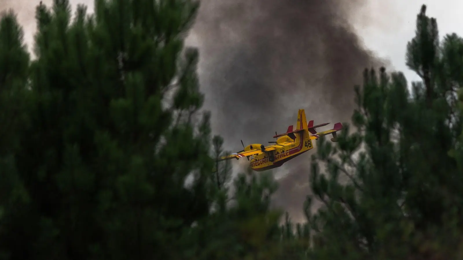 Ein Löschflugzeug überfliegt den Wald während eines Brandes in Frankreich. (Foto: Jerome Gilles/Zuma Press/dpa)