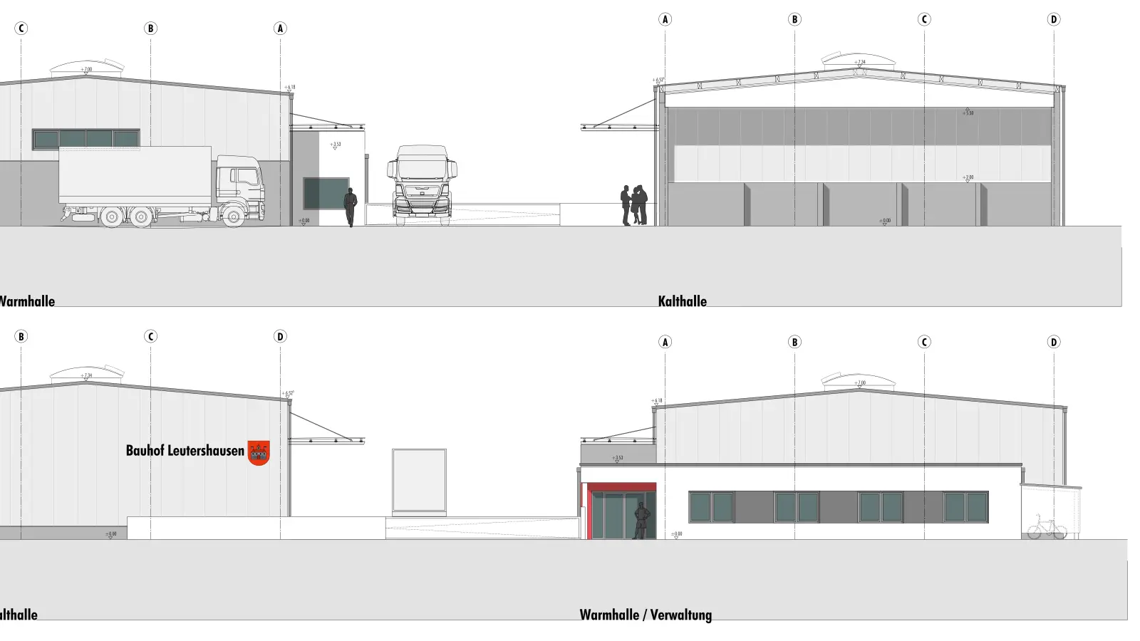 Gut geeignet für die Bestückung mit Solar-Modulen zur Stromerzeugung: Die flach geneigten Dächer der geplanten neuen Bauhof-Hallen. (Planskizze: DS Architekten Domscheit und Siegordner)