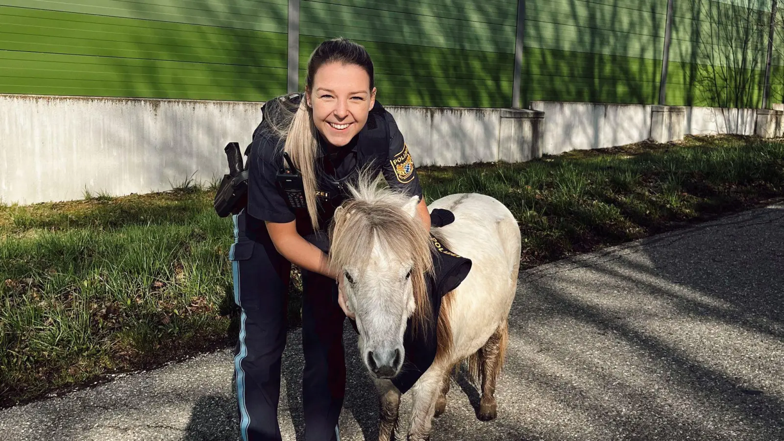 Eine Polizistin hält ein entlaufenes Pony fest. Ein Passant hatte das ausgebüxte Pferd in der Nähe der Bundesstraße 2 entdeckt und die Polizei gerufen. (Foto: Polizeipräsidium Mittelfranken/dpa)