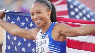 Die mehrfache Sprint-Weltmeisterin Allyson Felix aus USA, hat mit ihrem Team Bronze geholt. (Foto: Michael Kappeler/dpa)