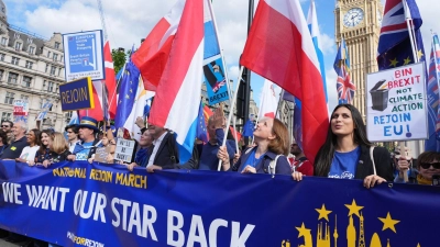 Das zentrale Motto des Protests bezieht sich auf die Sterne der EU-Flagge: „We want our star back!“ (Wir wollen unseren Stern zurück!) (Foto: Jeff Moore/PA Wire/dpa)