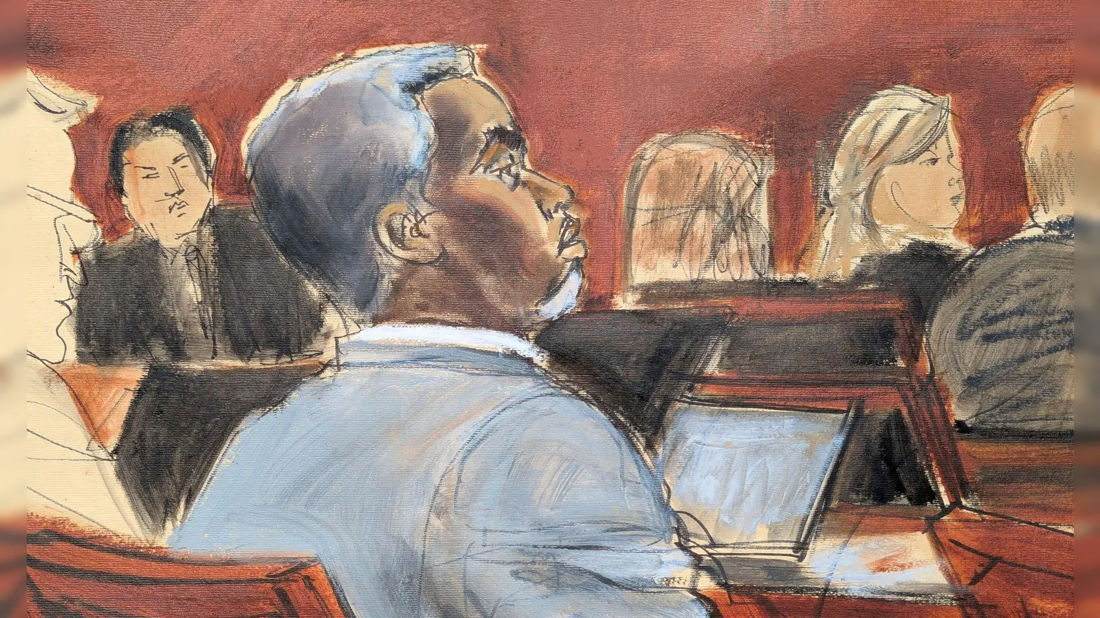 Die Gerichtszeichnung zeigt Sean „Diddy“ Combs, der den Eröffnungsplädoyers am ersten Verhandlungstag vor dem Bundesgericht in Manhattan zuhört. (Archivbild) (Foto: Elizabeth Williams/AP/dpa)