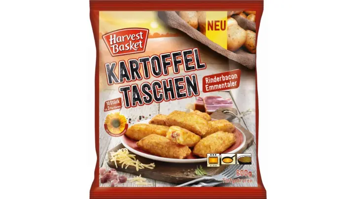 Die Wernsing Feinkost GmbH ruft das Produkt „Harvest Basket Kartoffeltaschen Rinderbacon Emmentaler, 600g“ zurück. (Foto: Lidl/obs/dpa)