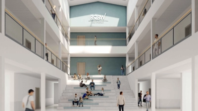 So soll – auch dank Licht von oben – künftig die Aula des BSZ-Neubaus in Bad Windsheim aussehen.  (Visualisierung: gkp Braunschmidt Kurz Architekten GmbH, Würzburg)