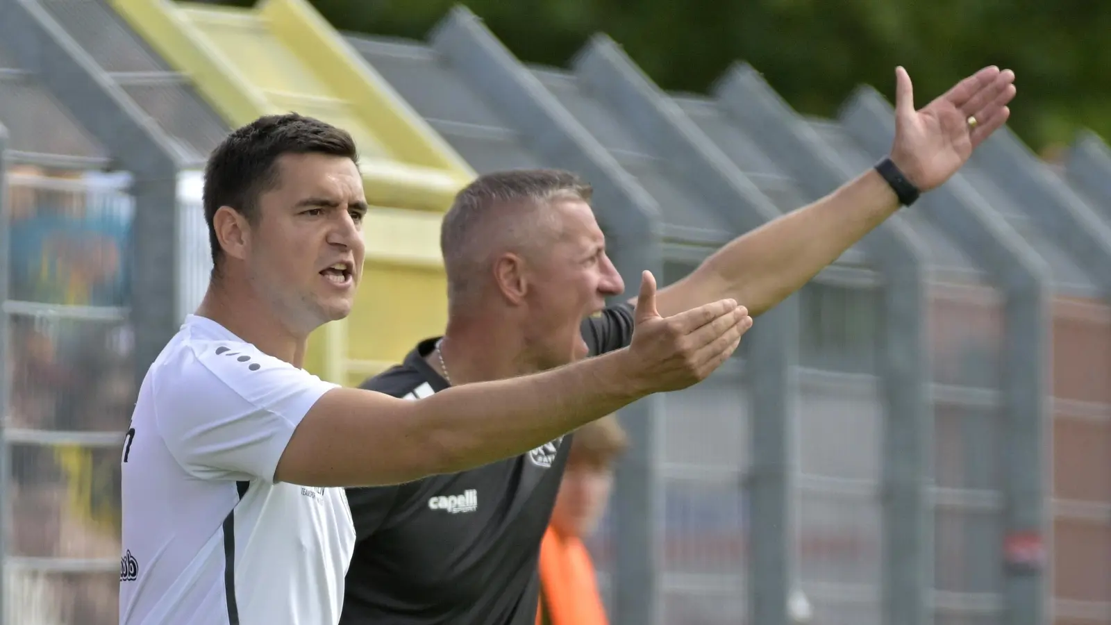 Aktiv an der Linie: Dier Trainer Christoph Hasselmeier (Ansbach, links) und der Bayreuther Marek Mintal. (Foto: Martin Rügner)