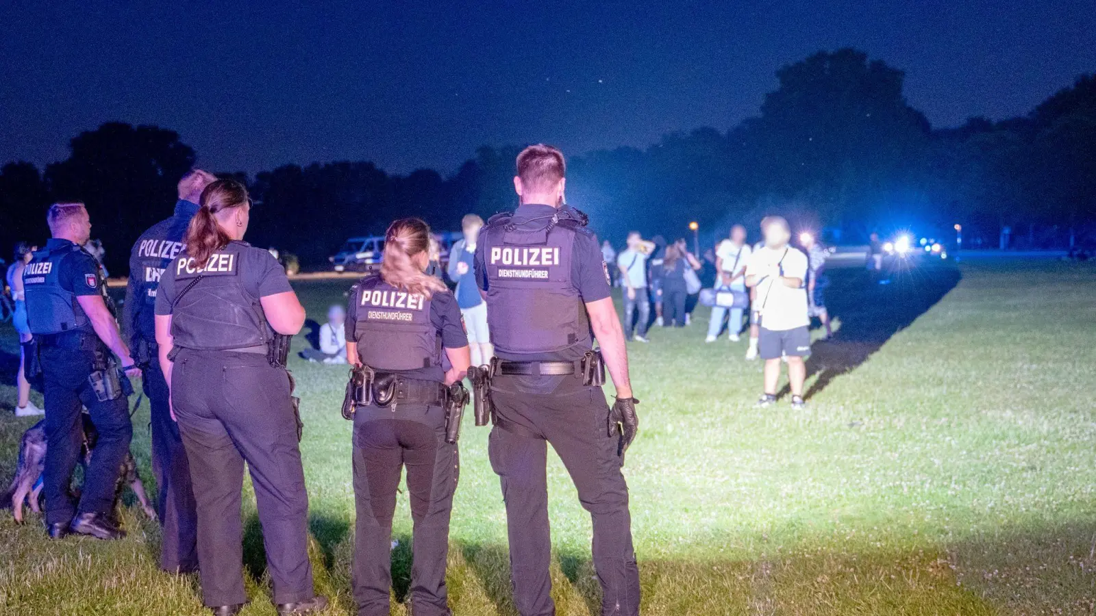 Einsatzkräfte der Polizei und Jugendliche stehen sich im Hamburger Stadtpark gegenüber.  (Foto: Rene Schröder/NEWS5/dpa)