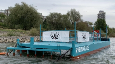 Die Müllfalle – genannt „Rheinkrake” – schwimmt an ihrer Position auf dem Rhein in Köln. (Archivbild) (Foto: Leandra Hamann/Universität Bonn/dpa)