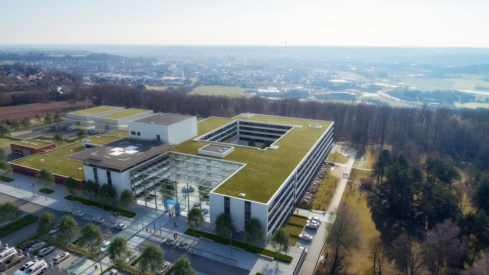 So wie in dieser grafischen Darstellung soll das umgebaute Klinikum Ansbach aussehen, wenn die Baumaßnahmen beendet sind. (Grafik: ANregiomed)