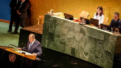 Sergej Lawrow spricht bei der UN-Generalversammlung. (Foto: Kay Nietfeld/dpa)