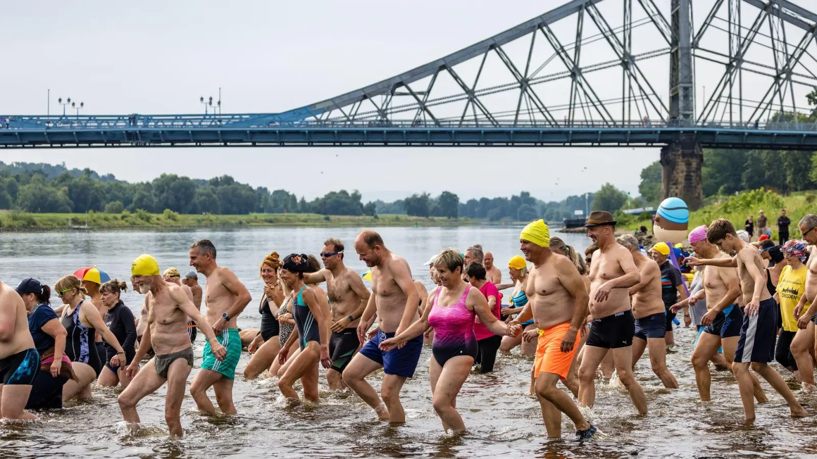Hunderten Menschen machen beim Elbeschwimmen mit. (Foto: Frank Hammerschmidt/dpa)