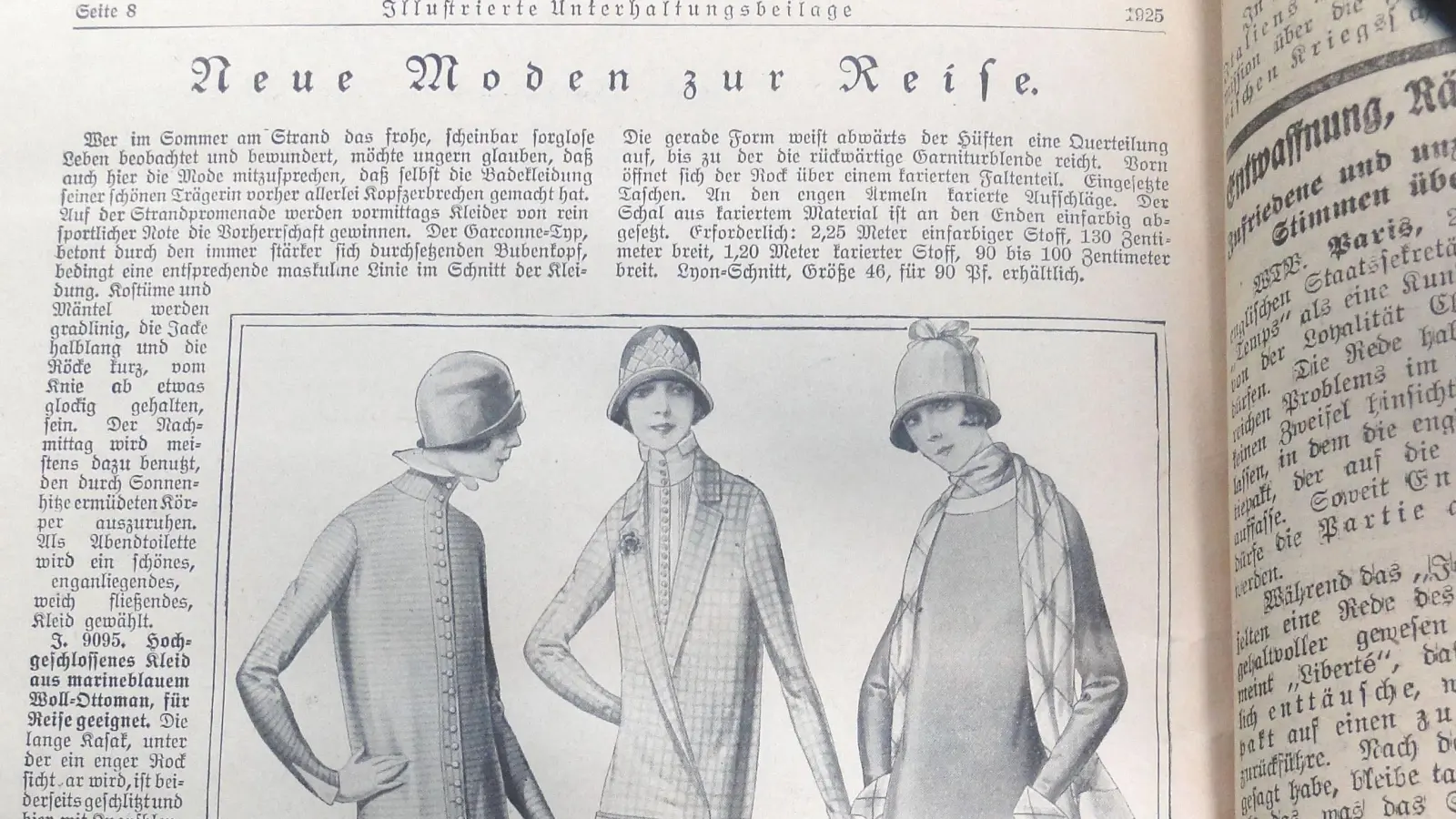 Die Reisemode des Jahres 1925 (von links): ein hochgeschlossenes Reisekleid aus marineblauem Woll-Ottoman, ein Reisekleid aus kariertem Wollstoff mit weißer Weste zum Anziehen darunter und ein Reisekleid aus grünem und schottischem Kascha. (Repro: Winfried Vennemann)