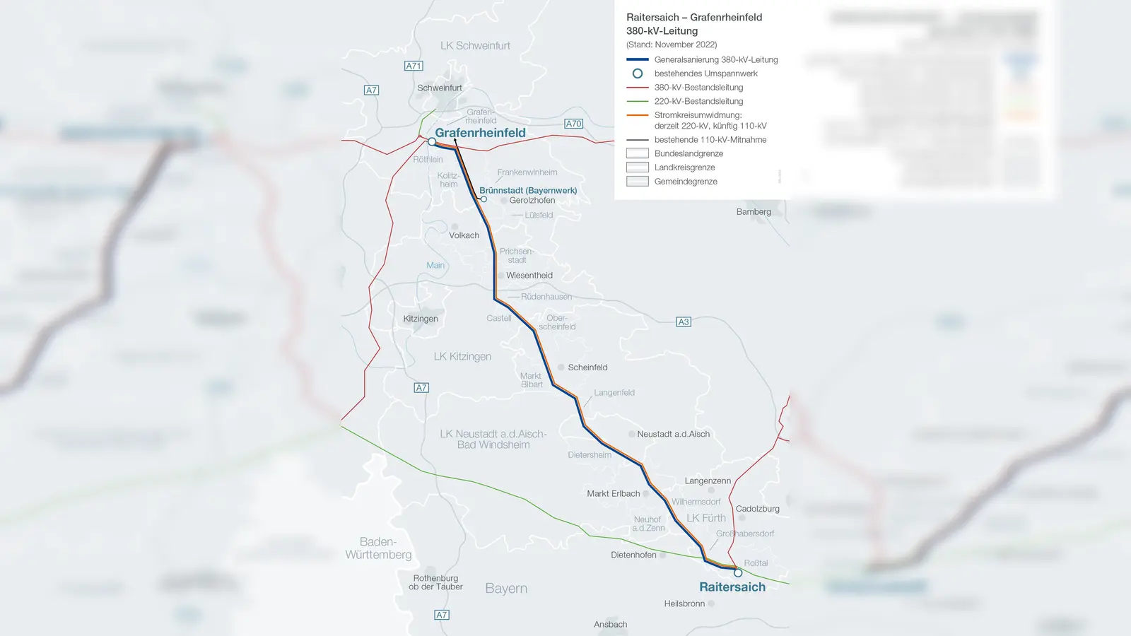 90 Kilometer lang ist die Leitung von Raitersaich nach Grafenrheinfeld. Sie führt über weite Strecken durch Gemeinden im Landkreis, die allerdings außer Oberscheinfeld alle im N-Ergie-Gebiet liegen.⋌Quelle: Tennet (Foto: Tennet)