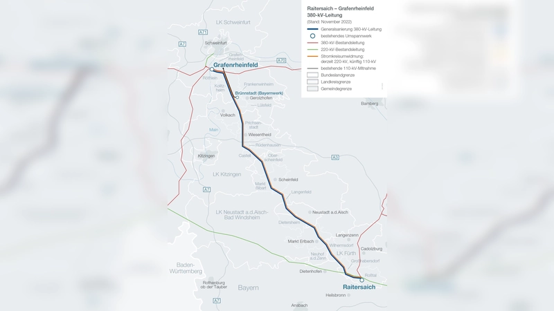 90 Kilometer lang ist die Leitung von Raitersaich nach Grafenrheinfeld. Sie führt über weite Strecken durch Gemeinden im Landkreis, die allerdings außer Oberscheinfeld alle im N-Ergie-Gebiet liegen.⋌Quelle: Tennet (Foto: Tennet)