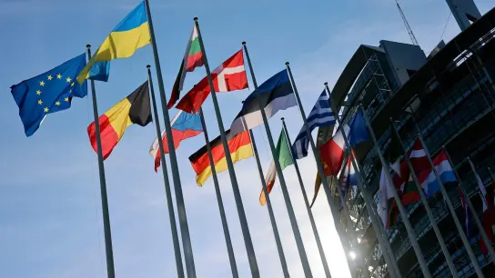 Die ukrainische Flagge weht neben den Flaggen der EU-Mitglieder vor dem Europäischen Parlament in Straßburg. (Foto: Jean-Francois Badias/AP/dpa)