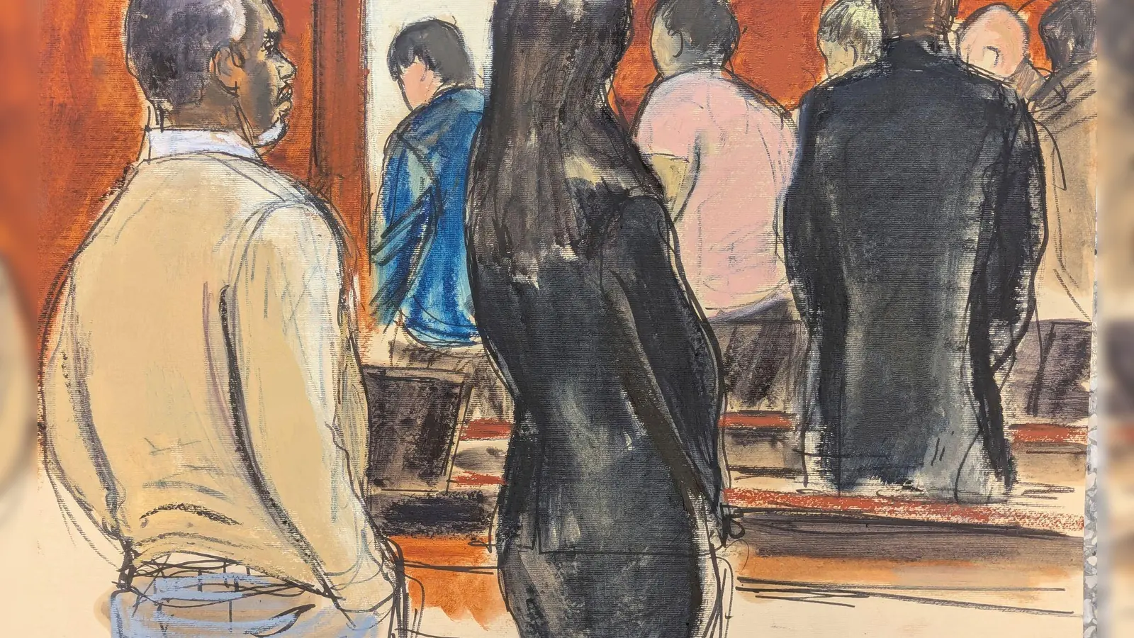 Die Gerichtszeichnung stellt Sean „Diddy“ Combs am 1.7. mit seinem Verteidigungsteam dar, wie er zusieht, wie die Geschworenen den Gerichtssaal verlassen.  (Foto: Elizabeth Williams/AP/dpa)