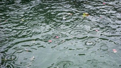 Regen tropft in einen Brunnen. (Foto: Daniel Vogl/dpa/Symbolbild)