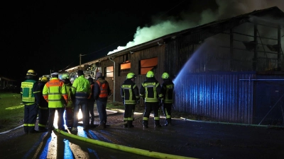 Einsatzkräfte der Feuerwehr versuchen den Brand in der Halle einer Recyclingfirma einzudämmen. (Foto: Karl-Josef Hildenbrand/dpa)