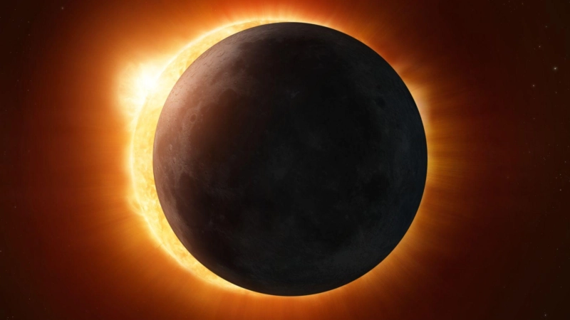 Künstlerische Darstellung einer Sonnenfinsternis. Der Mond steht genau vor der Sonne, so dass sein Schatten auf die Erde fällt. (Foto: Handout / Berlin/Esa/dpa)