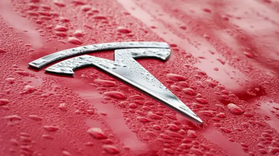 Das Logo auf der nassen Motorhaube eines roten Tesla. (Foto: Soeren Stache/dpa-Zentralbild/dpa/Symbolbild)