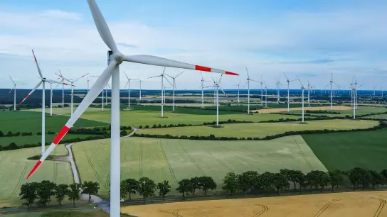 Windenergieanlagen im Windpark „Odervorland“ im Landkreis Oder-Spree in Ostbrandenburg. (Foto: Patrick Pleul/dpa)