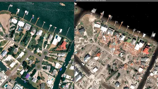 Die Aufnahme zeigt Fort Myers Beach im April und die Zerstörung nach dem Hurrikan „Ian“ im September 2022. (Foto: Airbus DS 2022/dpa)