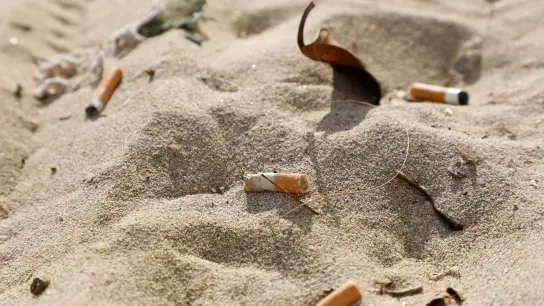 Zigarettenstummel verschmutzen den Strand von Arenal auf der spanischen Urlaubsinsel Mallorca. (Foto: Clara Margais/dpa)