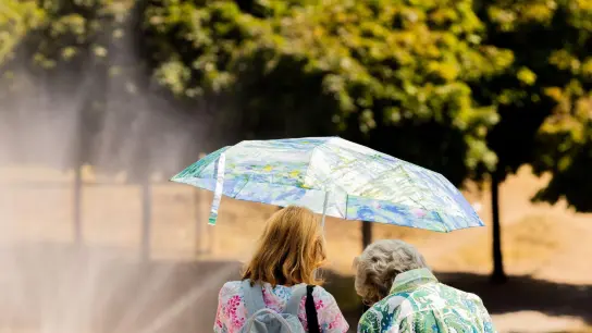 Zwei Frauen schützen sich am Kölner Rheinufermit einem Regenschirm vor der Sonne.  Derzeit liegt der Hitzerekord in Deutschland bei 41,2 Grad. (Foto: Rolf Vennenbernd/dpa)