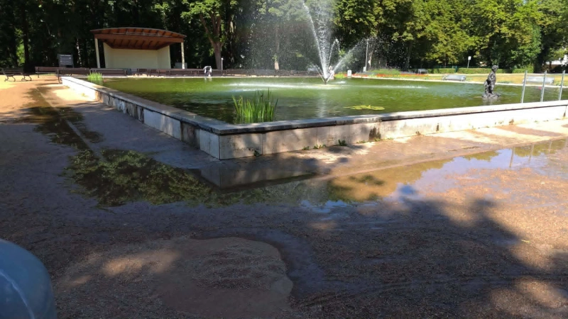 Pfützen prägten das Bild am Seerosenbrunnen im Bad Windsheimer Kurpark am Samstagvormittag. (Foto: Bastian Lauer)