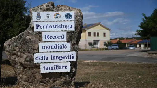 Am Ortseingang macht eine steinerne Tafel auf den Rekord aufmerksam. Perdasdefogu ist als Dorf der Hundertjährigen bekannt und hat es damit ins Guinnessbuch der Rekorde geschafft. (Foto: Johannes Neudecker/dpa)