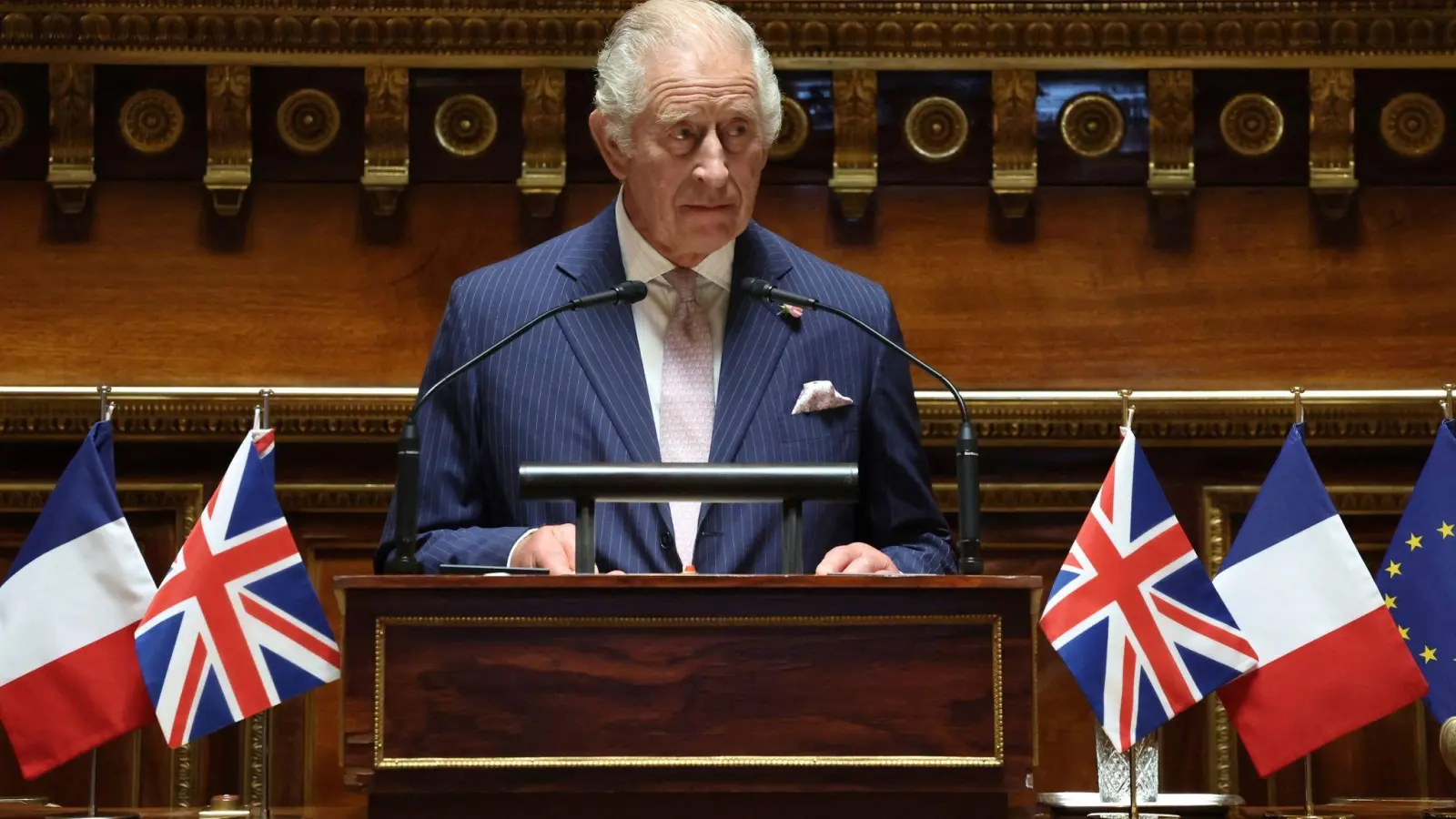 König Charles III. erinnert im französischen Senat an die Freundschaft zwischen Frankreich und Großbritannien. (Foto: Emmanuel Dunand/AFP Pool/AP/dpa)