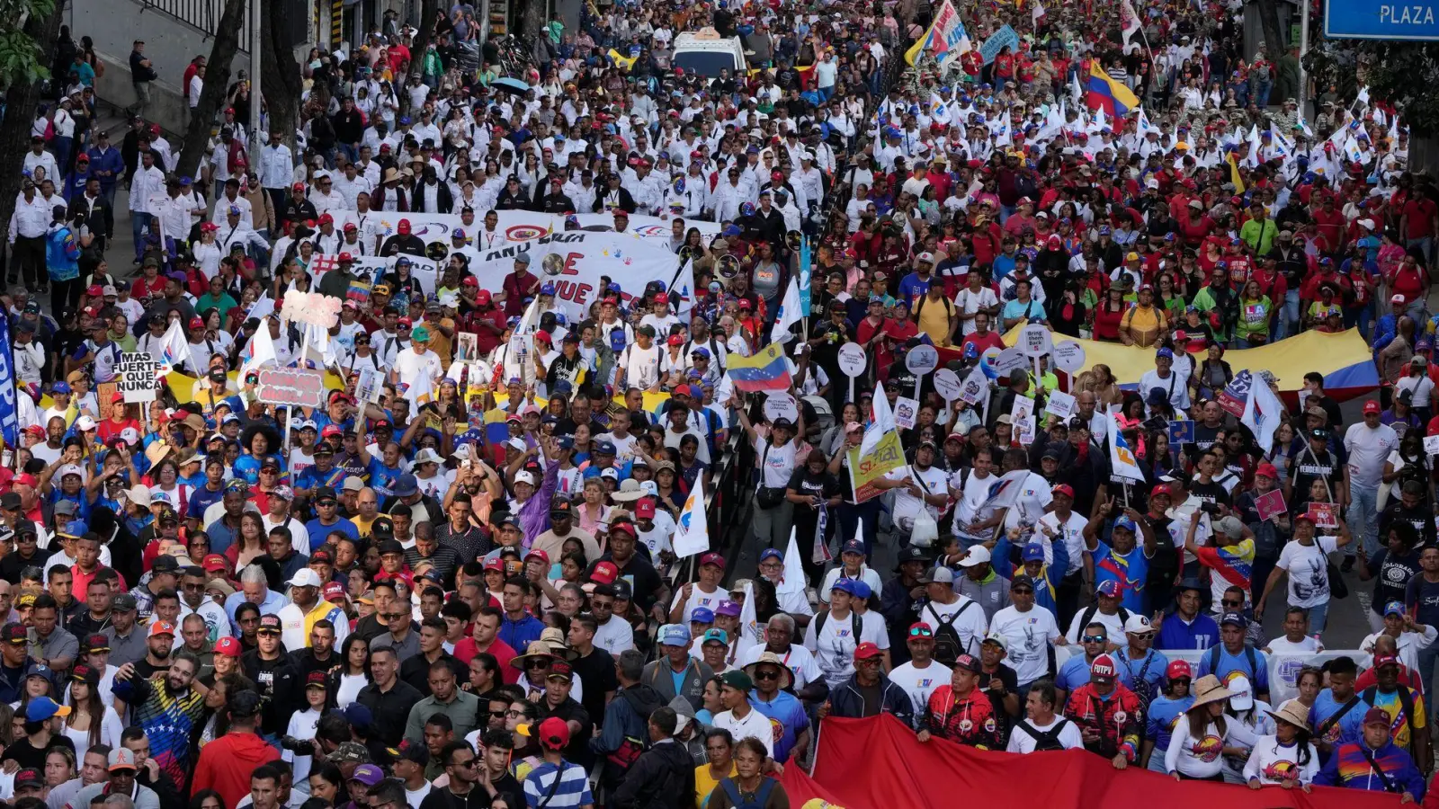 Unterstützer der Regierung fordern die Freilassung des ehemaligen Präsidenten Maduro und seiner Frau Flores. (Foto: Ariana Cubillos/AP/dpa)
