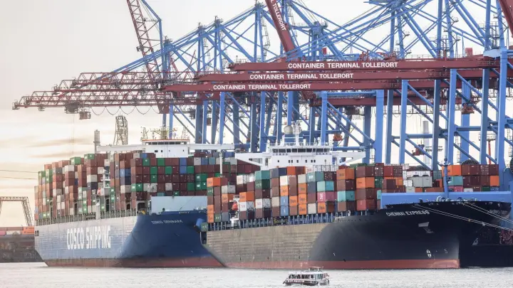Containerschiffe liegen im Hamburger Hafen am Terminal Tollerort: Der chinesische Cosco-Konzern wird sich wohl mit weniger als 25 Prozent an der Betreibergesellschaft des Terminals Tollerort beteiligen. (Foto: Markus Scholz/dpa)