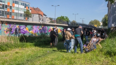 Auf 170 Metern Länge ist zwischen dem Theatersteg und der Schlosskreuzung ein riesiges Kunstwerk entstanden, das deutsche und internationale Graffiti-Künstler gemeinsam gemalt haben.  (Foto: Evi Lemberger)