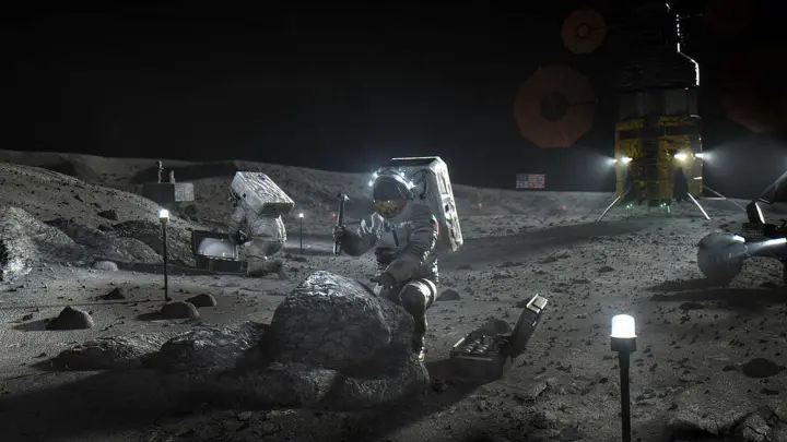 Eine Illustration der Nasa zeigt „Artemis“-Astronauten auf dem Mond. Bislang zeigt sich die Mission aber vor allem krisengeplagt. (Foto: Nasa/dpa)