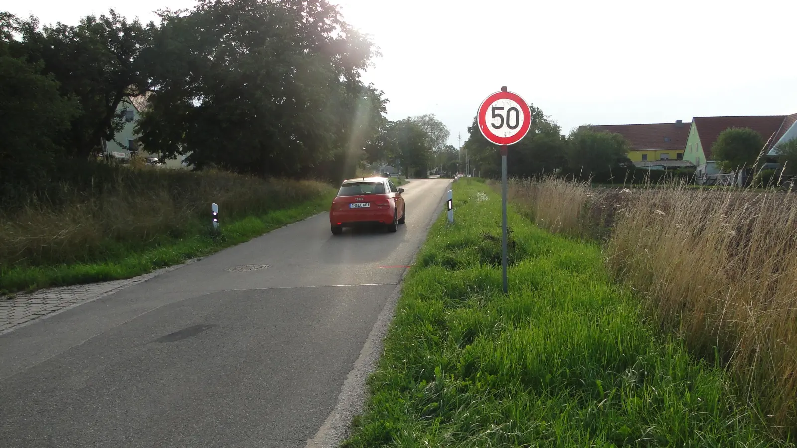 Bis das Ortsschild in Steinersdorf wiederhergestellt ist, haben städtische Mitarbeiter provisorisch ein Tempo-50-Schild aufgestellt. (Foto: Winfried Vennemann)