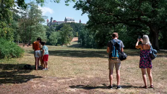 Touristen fotografieren die Veste Coburg vom Hofgarten aus. Der Tourismus in Bayern hat fast wieder Vor-Corona-Niveau erreicht. (Foto: Daniel Vogl/dpa)