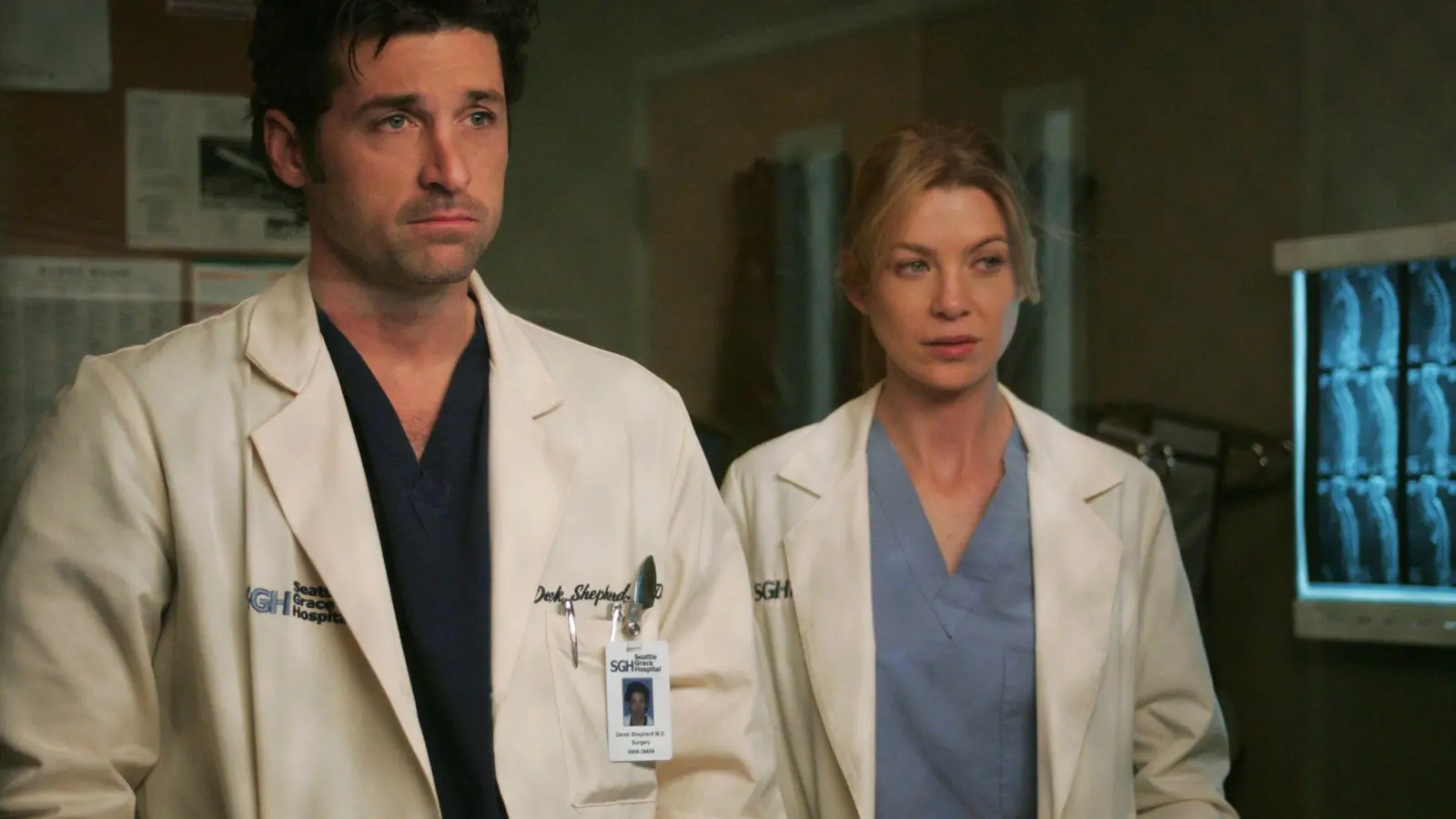 Ellen Pompeo als Meredith Grey und Patrick Dempsey als Derek „McDreamy“ Shepherd in einer Szene der Arztserie „Grey&#39;s Anatomy“ . (Foto: Vivian Zink/ABC/Touchstone Television/Disney+/dpa)
