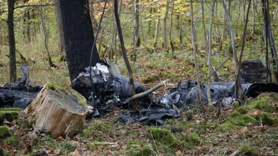 Das Flugzeugwrack an der Absturzstelle im Wald. (Foto: David Pichler/TNN/dpa)