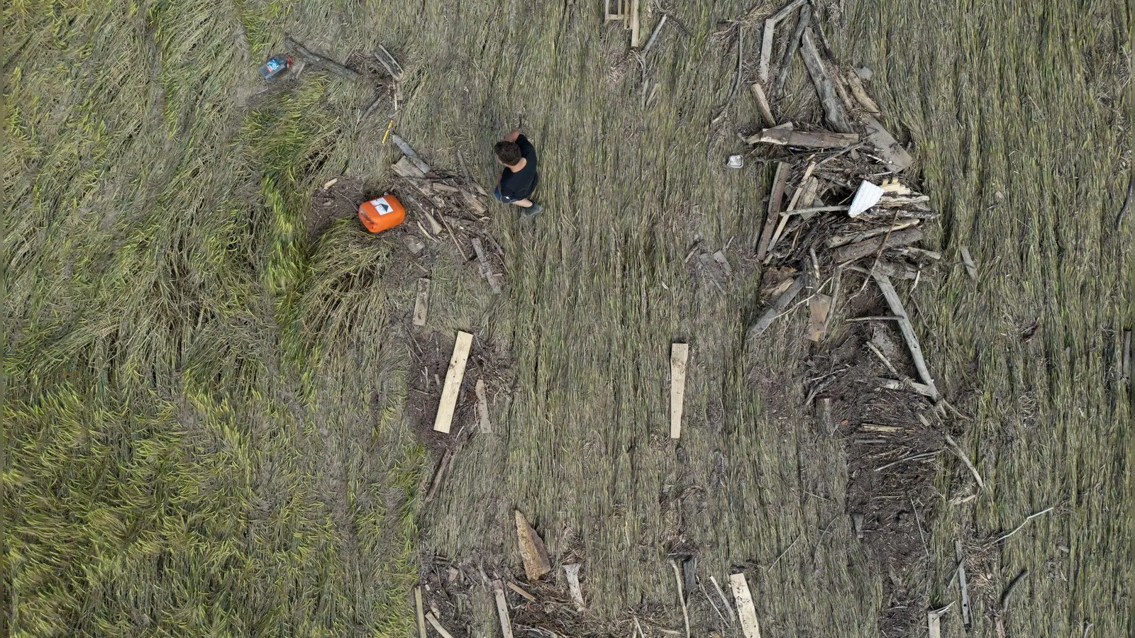 Hochwasserschäden auf einem baden-württembergischen Getreidefeld im Jahr 2024. Steigende Unwetter- und Dürregefahr bedeutend steigende Risiken für die deutsche Landwirtschaft. (Symbolbild) (Foto: Marijan Murat/dpa)