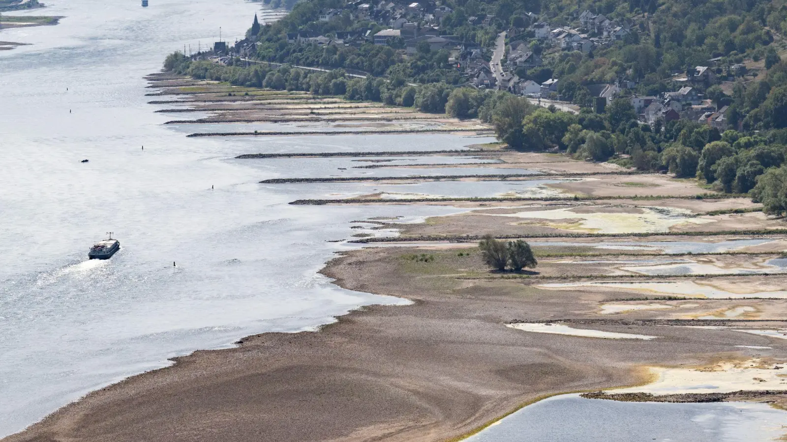 Das Niedrigwasser auf wichtigen Wasserstraßen wie dem Rhein ist eine Belastung für die deutsche Wirtschaft. (Archivbild) (Foto: Boris Roessler/dpa)