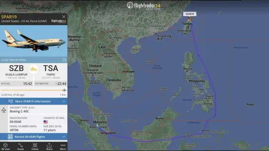 Der Screenshot der Internetseite von „flightradar24.com“ zeigt die Flugroute der US-Regierungsmaschine mit der US-Spitzenpolitikerin Pelosi an Bord von Kuala Lumpur, Hauptstadt von Malaysia, nach Taipeh, Hauptstadt von Taiwan. (Foto: Flightradar24/dpa)