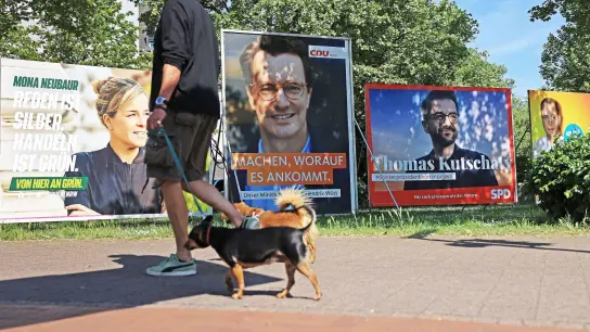 Wahlplakate von Grünen, CDU, SPD und FDP (l-r) stehen auf einer Wiese in Düsseldorf (Foto: Oliver Berg/dpa)