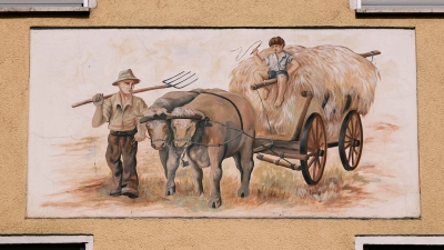 Auch Fassadenbemalungen, wie dieses Beispiel aus Neuhof, hat Dr. Wolfgang Mück in seinem neuen Buch dokumentiert. Diese hier, zweifellos im Laufe der Jahrzehnte mehrfach aufgefrischt, ist unverkennbar ein Denkmal für die Landwirtschaft. (Foto: Dr. Wolfgang Mück)