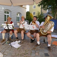 „Binders Blechle“, drei Brüder und ein „Nachwuchstalent“ aus Dürrwangen heizten dem Publikum<br>mit altfränkischer Volksmusik und frechen Kerwa-Liedern so richtig ein. (Foto: Sylvia Fehlinger)