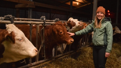 Julia Dürrbeck hat keine Berührungsängste bei den Kühen. Ihre Zukunft sieht sie in einer kleinen Landwirtschaft oder einem Hofladen, möglichst im Uehlfelder Umkreis. (Foto: Johannes Zimmermann)