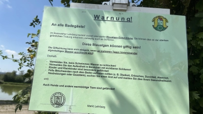 So sehen die grünen Warntafeln der Gemeinde am Lehrberger Badeweiher aus. Eventuell können die Schilder bald wieder entfernt werden. (Foto: Gemeinde Lehrberg)