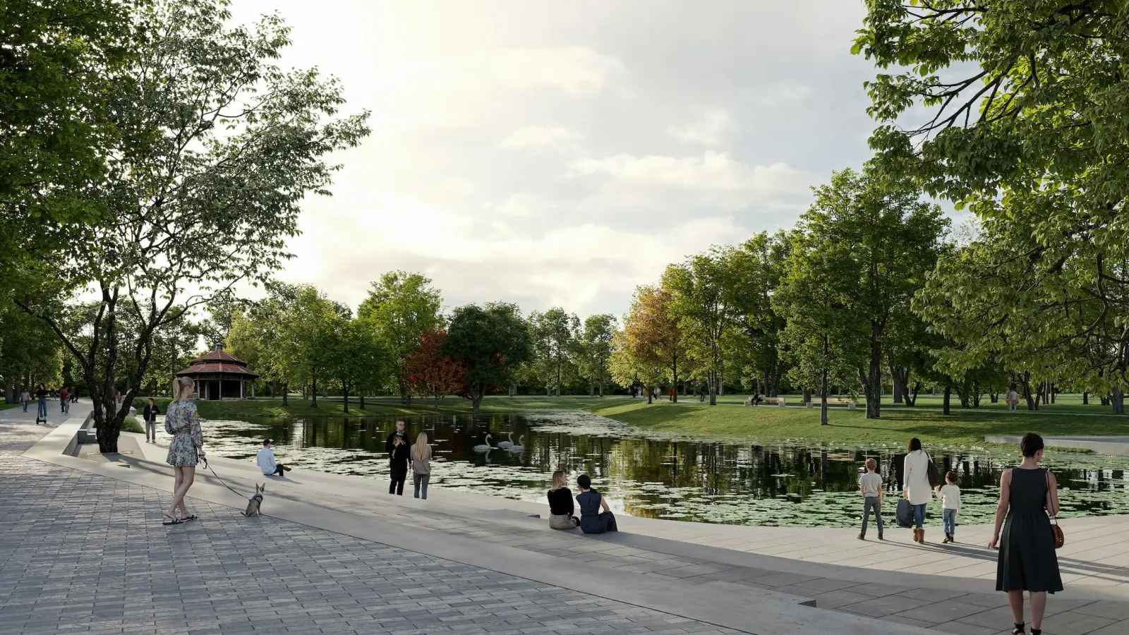 Bis zur Eröffnung der Landesgartenschau im April 2027 ist noch viel tun: Der See am Gradierwerk soll beispielsweise vergrößert werden. (Visualisierung: RMP Stephan Lenzen Landschaftsarchitekten)