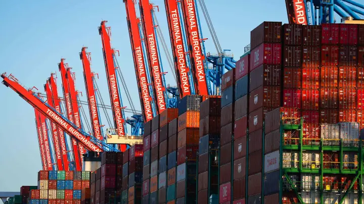 Containerschiffe liegen am Containerterminal Burchardkai in Hamburg. Das Bruttoinlandsprodukt stagniert. (Foto: Christian Charisius/dpa)